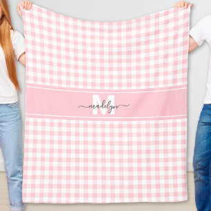 Roze Gingham Plaid Monogram Fleece Deken