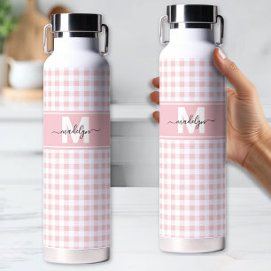 Roze Gingham Plaid Monogram Waterfles