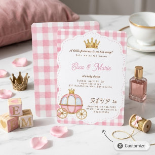 Roze Gingham Prinsessen Koets Baby Shower Kaart
