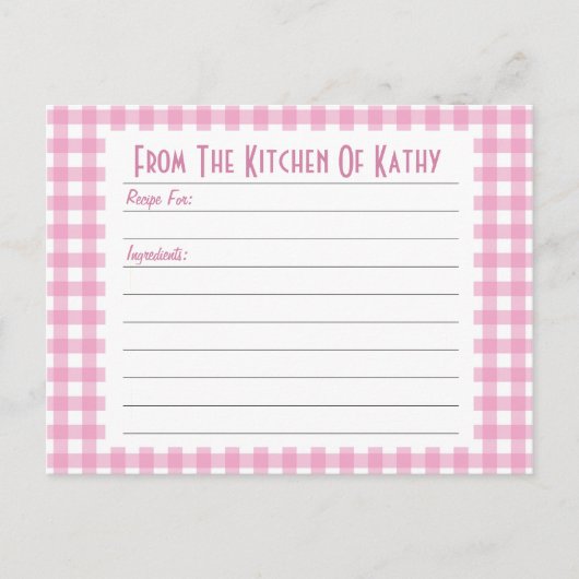 Roze Gingham Recipe Card Briefkaart (Voorkant)