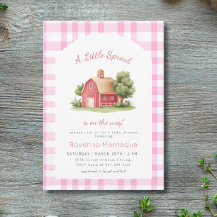 Roze Gingham Rode Schuur Kleine Spruit Baby Shower Kaart