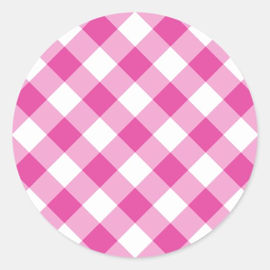 Roze Gingham Ronde Sticker (Voorkant)