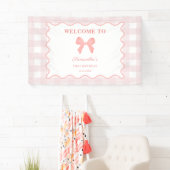 Roze Gingham Roze Bow Verjaardag Welkomstbord Spandoek (Insitu)