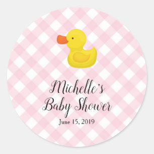 Roze Gingham Rubber Duckie Baby Shower Ronde Sticker