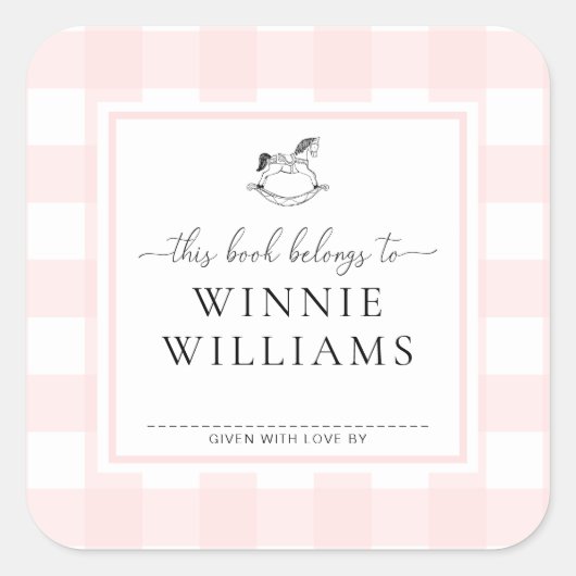 Roze Gingham Schommelpaard Ex-Libris Sticker (Voorkant)