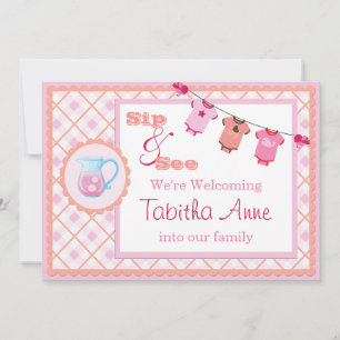 Roze gingham Sip en zie Bunting Baby Invitation Kaart