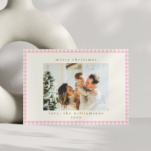 Roze Gingham Streep Custom Foto Kerstmis Feestdagenkaart