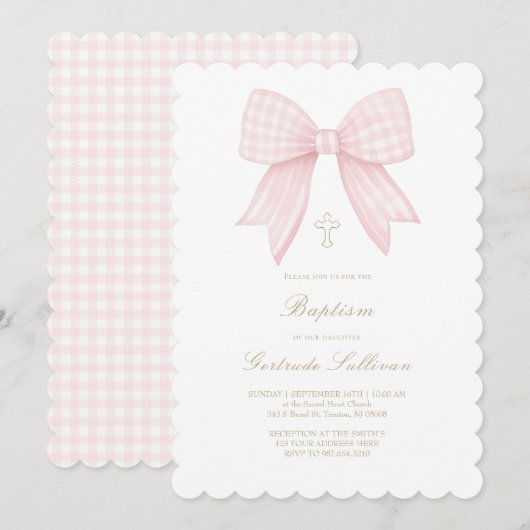 roze gingham strik | Doop Kaart (Voorkant / Achterkant)