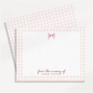 Roze Gingham Strik Notitiekaart Kraamkamer Kaart