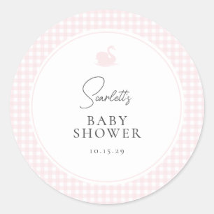 Roze Gingham Swan Baby shower Ronde Sticker