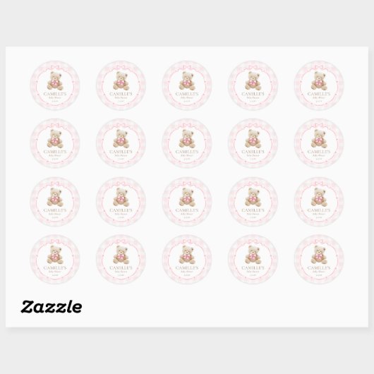 Roze Gingham Teddybeer Baby Shower Ronde Sticker (Vel)