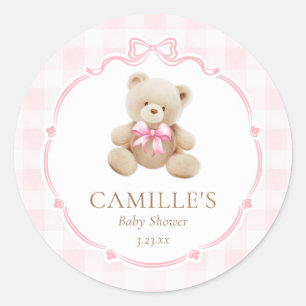 Roze Gingham Teddybeer Baby Shower Ronde Sticker