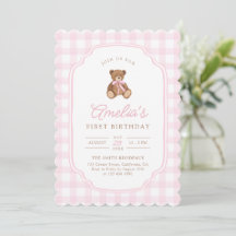 Roze Gingham Teddybeer Beary Eerste Verjaardag