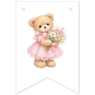 Roze Gingham Teddybeer Gelukkig Verjaardag Vlaggetjes