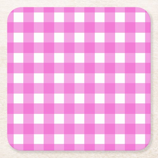 Roze gingham vierkante kartonnen onderzetter (Voorkant)