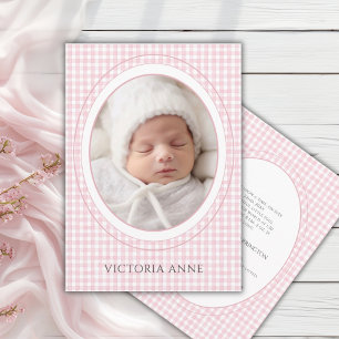 Roze Gingham Vintage Geboorteaankondiging Foto Kaart