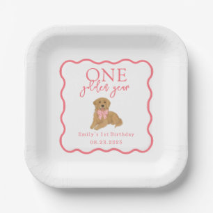 Roze Gingham Whimsical Eén Gouden Jaar Verjaardag Papieren Bordje