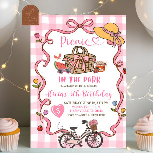 Roze Gingham Whimsical Picknick Verjaardagsuitnodi Kaart