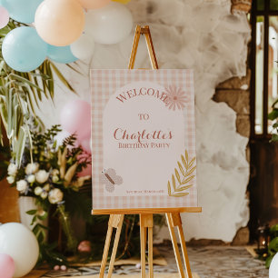 Roze Gingham Wilde Bloem Verjaardags Welkom Bord Perfect Poster