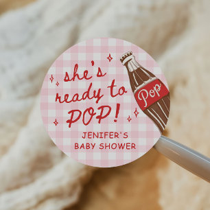 Roze Gingham Ze is er klaar voor om te baren Baby Ronde Sticker