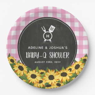 Roze Gingham Zonnebloemen Krijtbord Baby-Q Douche Papieren Bordje