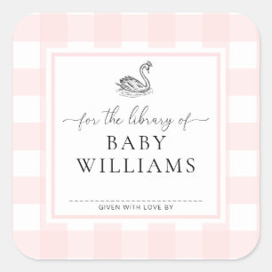 Roze Gingham Zwaan Voor De Bibliotheek Van Ex-Libr Vierkante Sticker