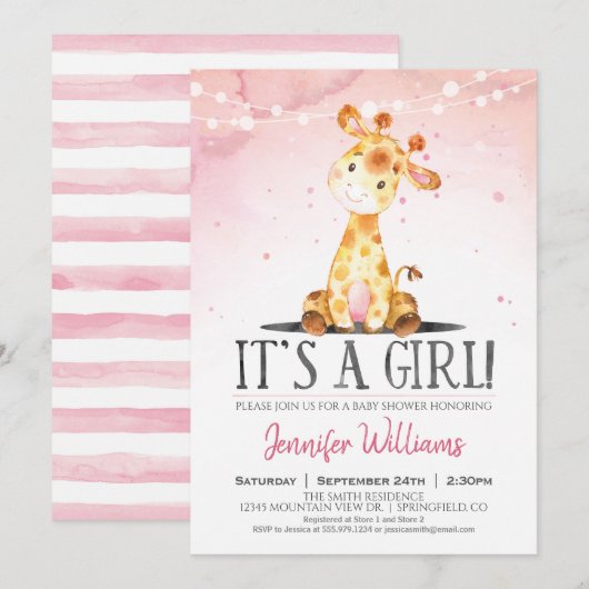 Roze Giraffe Baby shower meisje uitnodiging (Voorkant / Achterkant)