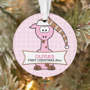 Roze Giraffe Baby's 1e Kerstmis Ornament