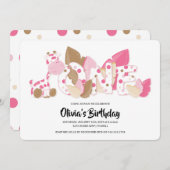 Roze Giraffe Eerste uitnodiging van de verjaardag (Voorkant / Achterkant)
