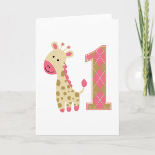 Roze Giraffe eerste verjaardag Kaart