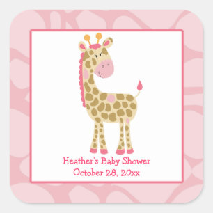 Roze Giraffe Meisje Safari Square Favor Stickers