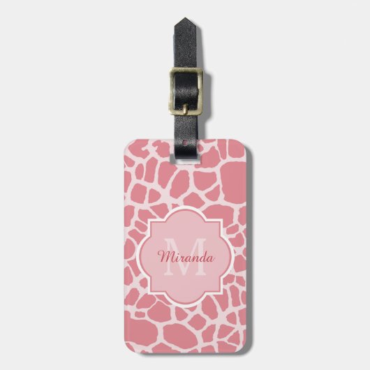 Roze Giraffe patroon met monogram en naam Bagagelabel (Voorkant verticaal)