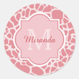 Roze Giraffe patroon met monogram en naam Ronde Sticker