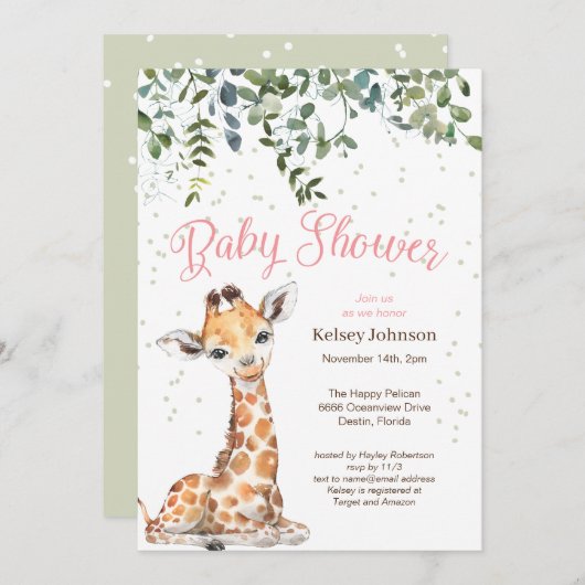Roze Giraffe Safari Baby shower Uitnodiging (Voorkant / Achterkant)