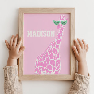 Roze Giraffe Zonnebrillen Custom Name Wall Art Poster