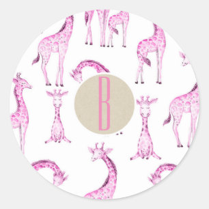 Roze Giraffen Baby Shower Monogram Feest Favor Ronde Sticker