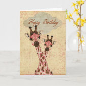 Roze Giraffes Verjaardag Kaart (Gele Bloem)