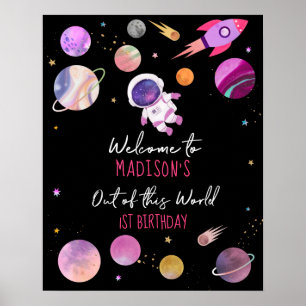 Roze Girl Astronaut Buitenspatie Birthday Welkom Poster