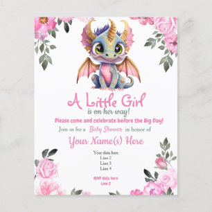 Roze Girl Dragon Floral Baby shower Uitnodiging Flyer