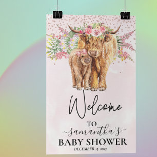 Roze Girl Welcome Highland Koe Calf Baby shower Poster