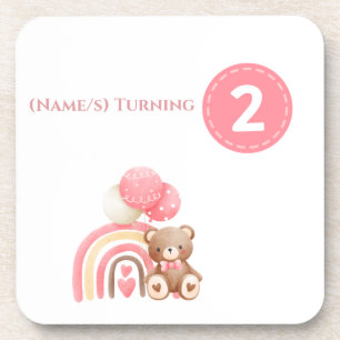 Roze girly 2e verjaardag regenboog, teddy & ballon bier onderzetter