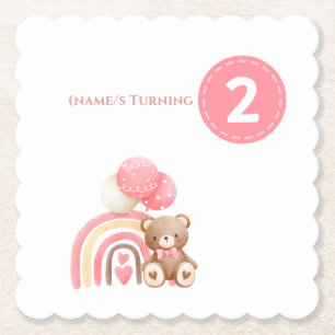 Roze girly 2e Verjaardag regenboog, teddy & ballon Kartonnen Onderzetters