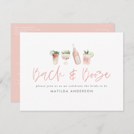 roze girly bach & booze bachelorette weekend chic uitnodiging briefkaart (Voorkant / Achterkant)