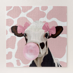 Roze Girly Bubblegum Blowing Koe Legpuzzel
