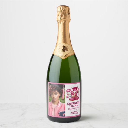 Roze Girly Foto Aangepaste Luxe Afstuderen Sparkling Wijnetiket (Voorkant)