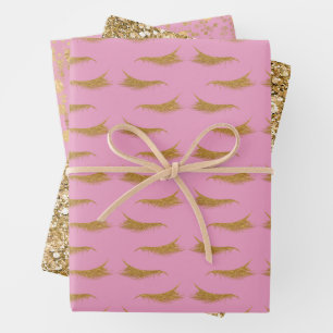 Roze Girly Gold Glam Glitter Wimpers Inpakpapier Vel