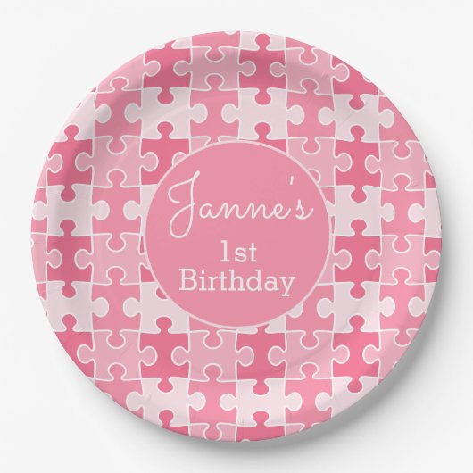 Roze Girly Puzzel Stukken Papieren Bordje (Voorkant)