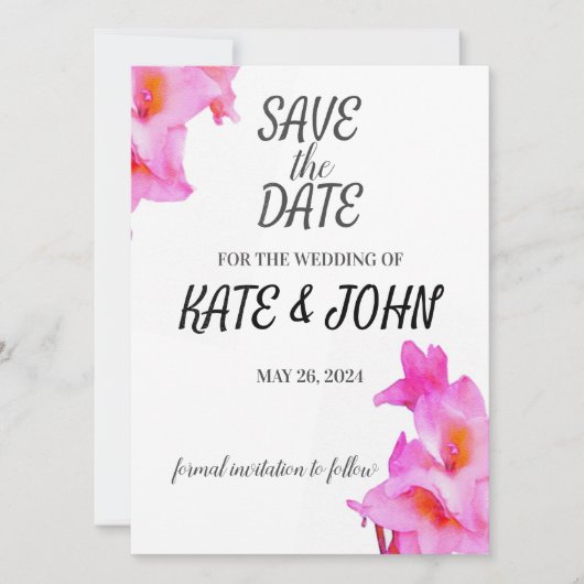 Roze Gladiolus Flower Waterverf Save The Date (Voorkant)