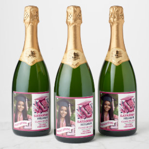 Roze Glam Afstudeer Foto Met Glitters Personalized Sparkling Wijnetiket