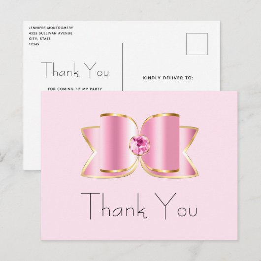 Roze Glam Boog met een Center Edelsteen Dank U Briefkaart (Voorkant / Achterkant)